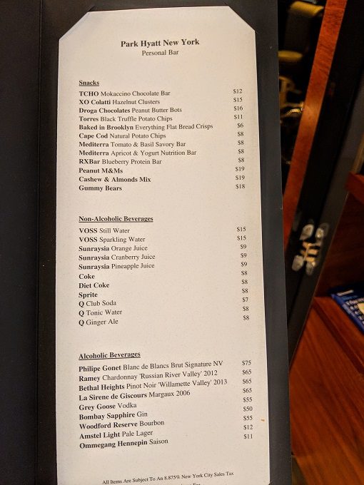 Park Hyatt New York - Mini bar menu