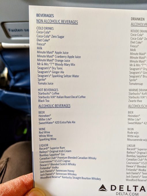 Delta Amsterdam to Boston Economy Class - Drinks menu