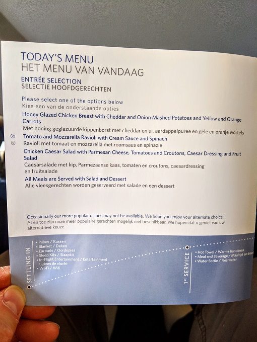 Delta Amsterdam to Boston Economy Class - Food menu 1