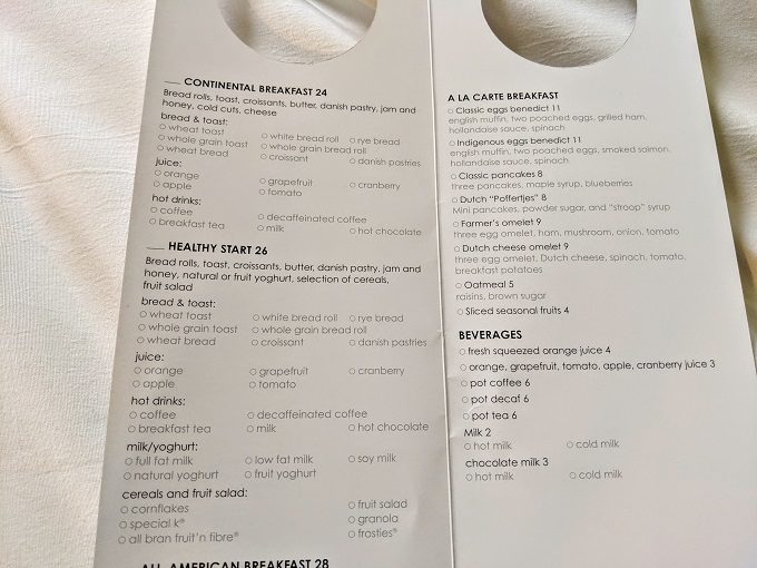 Renaissance Amsterdam Schiphol Airport - Room service breakfast menu 1