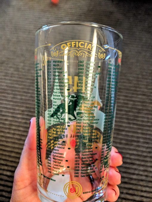 Back of the 2019 Kentucky Derby Mint Julep glass with past winners
