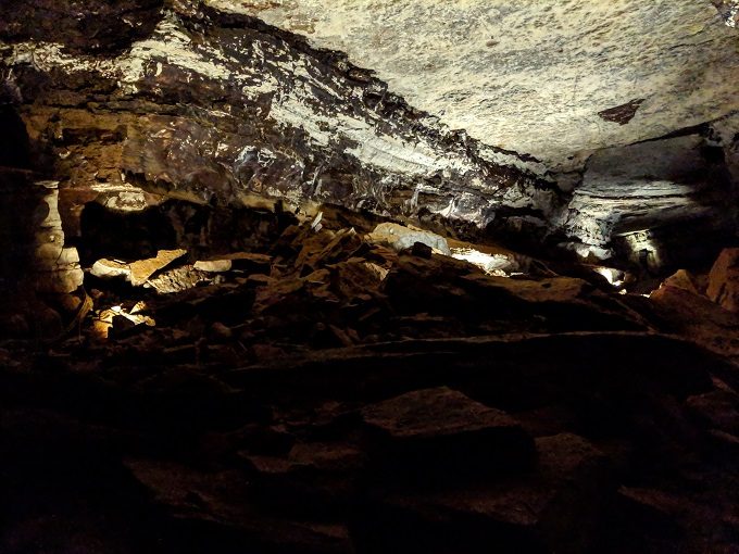 Blackened walls inside Mammoth Cave from lamps over the years