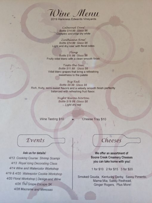 Wine tasting menu at Harkness Edwards Vineyards