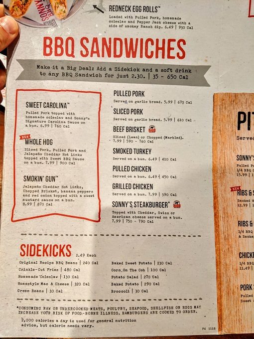 Sonny's BBQ menu Corbin, KY - BBQ sandwiches & sides