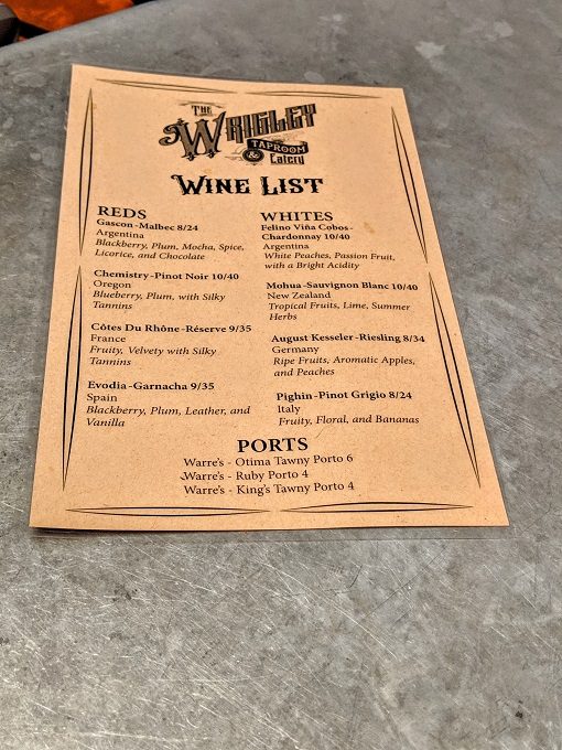 The Wrigley Taproom & Eatery, Corbin KY - Wine menu