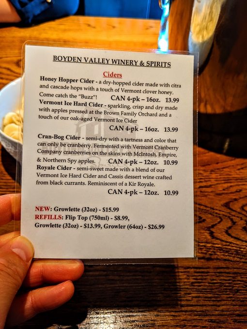 Boyden Valley Winery cider tasting menu
