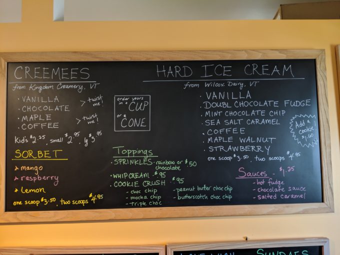Ice cream menu at Vermont Cookie Love