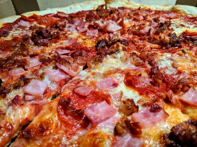 Meat Head pizza from Jimmz Pizza in Waterbury, Vermont