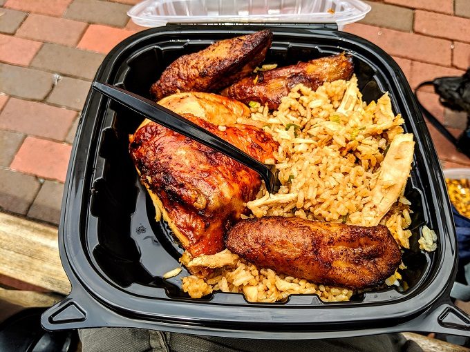 Charcoal rotisserie chicken & fried rice from The Rockin Chicken in Hartford, Connecticut
