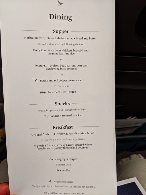 Cathay Pacific CX869 Washington Dulles to Hong Kong - Dinner & breakfast menu