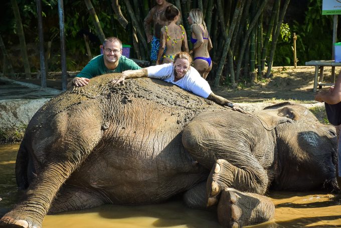 Elephant Mud Fun at Bali Zoo - Hugging an elephant