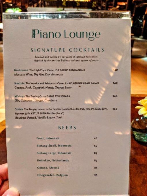 Hyatt Regency Bali - Piano Lounge drinks menu