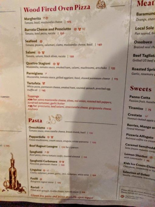 Hyatt Regency Bali - Pizzaria menu - pizza & pasta