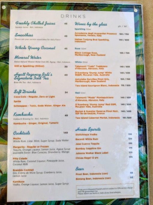 Hyatt Regency Bali - Poolside drink menu