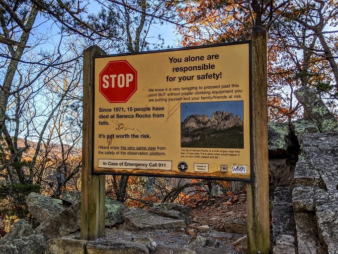 Warning sign at the top of Seneca Rocks