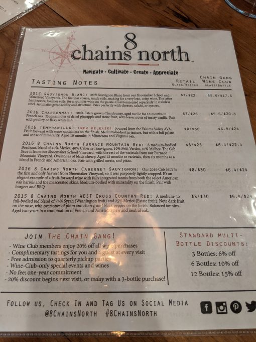 8 Chains North Winery wine tasting menu