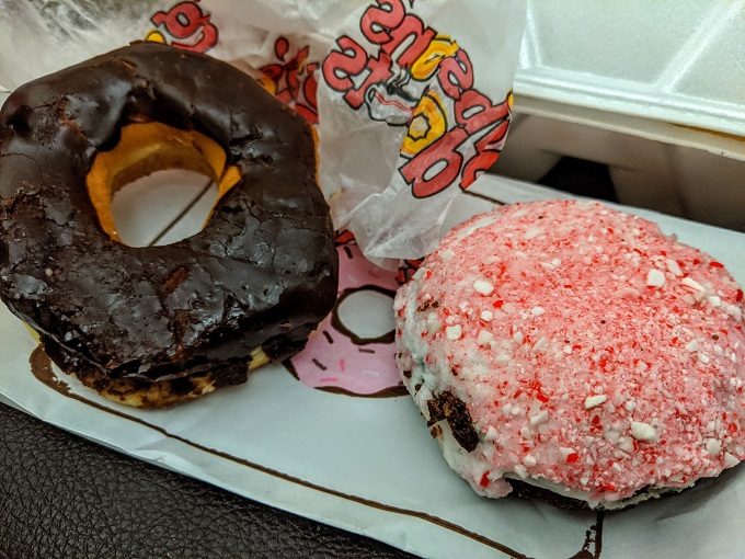 Chocolate glazed & peppermint donuts from Gibson's Donuts