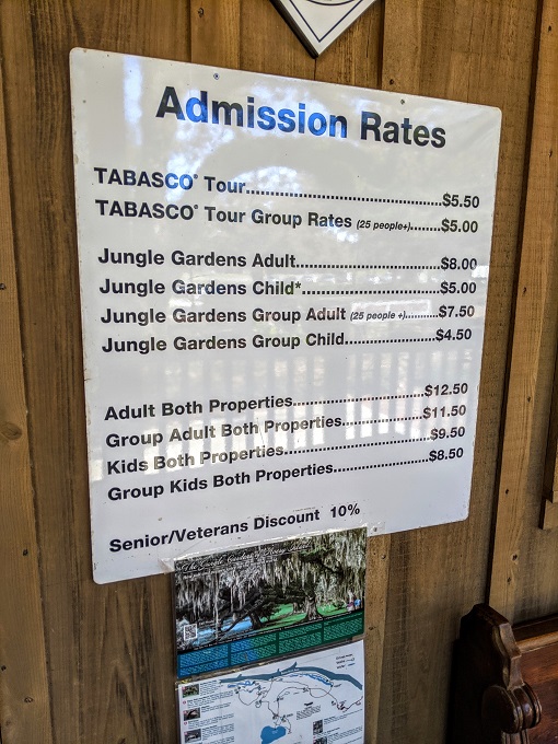 Tabasco Factory Tour & Jungle Gardens admission prices