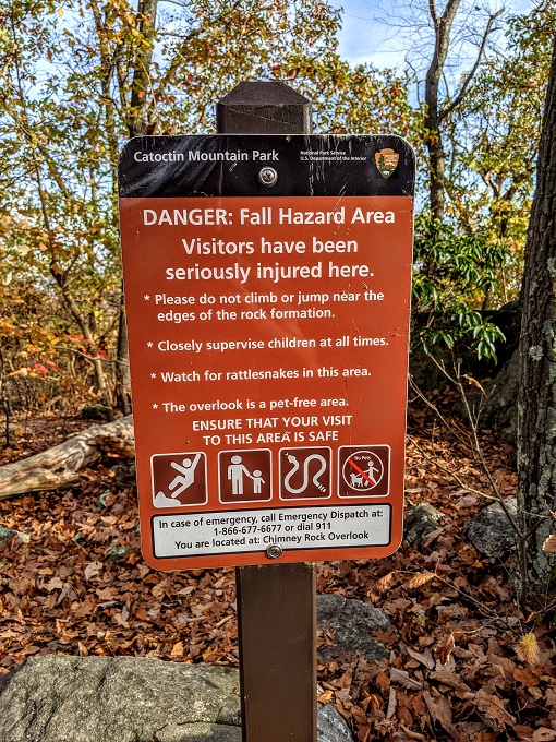 Chimney Rock & Wolf Rock Trails - Warning sign