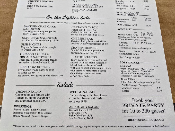 Higgins Crab House menu - Sandwiches, salads & more drinks