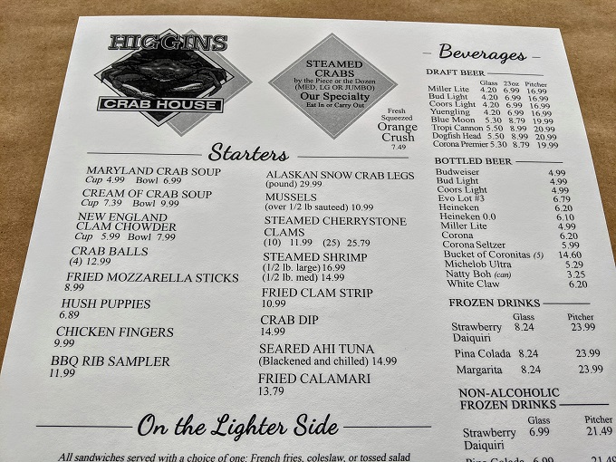 Higgins Crab House menu - Starters & drinks