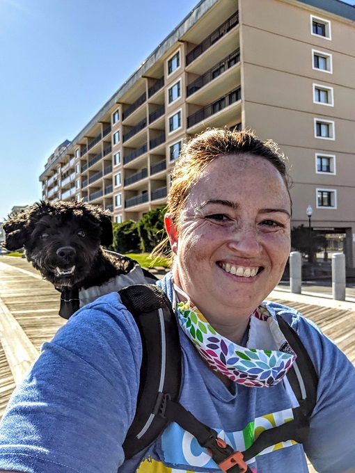 Shae & Truffles riding on the boardwalk