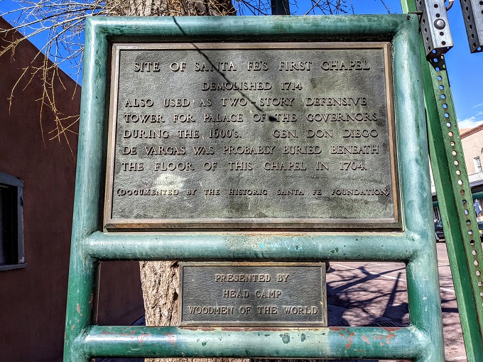 Historic marker for the site of Santa Fe's first chapel