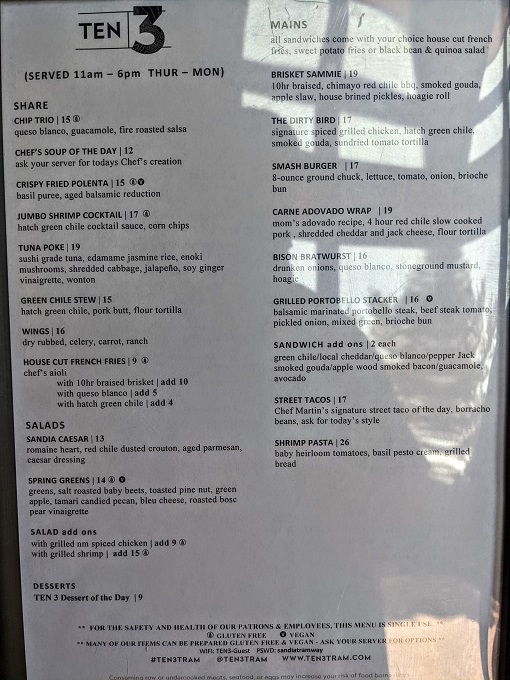 Sandia Peak Tramway - Ten 3 food menu
