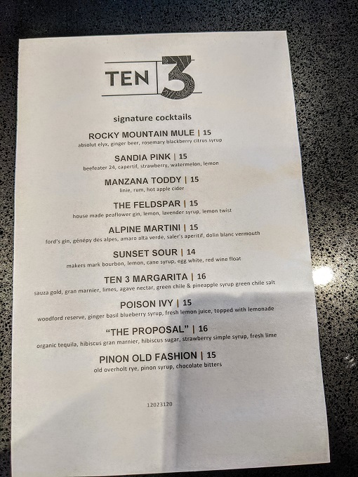 Sandia Peak Tramway - Ten 3 signature cocktails menu