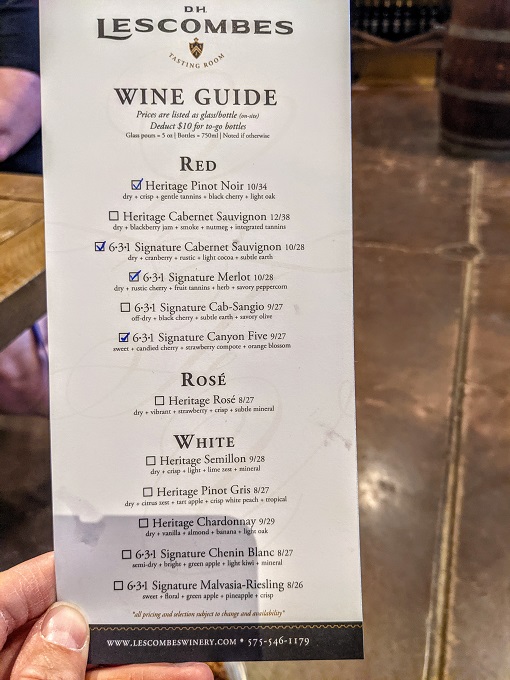 D.H. Lescombes wine tasting menu