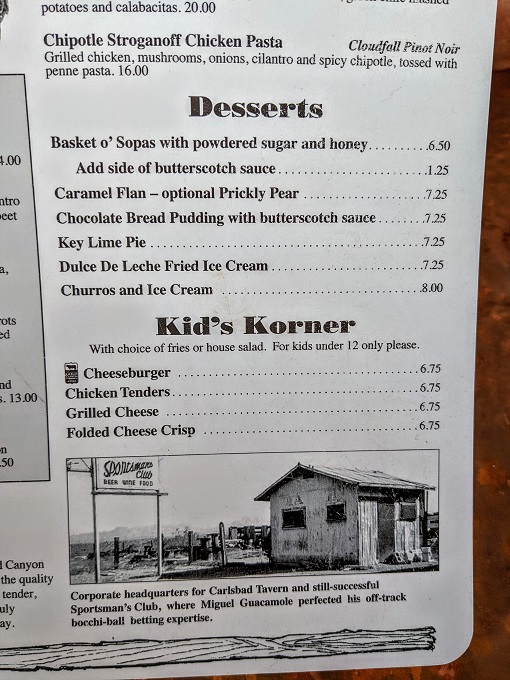 Carlsbad Tavern menu - Desserts & kids meals