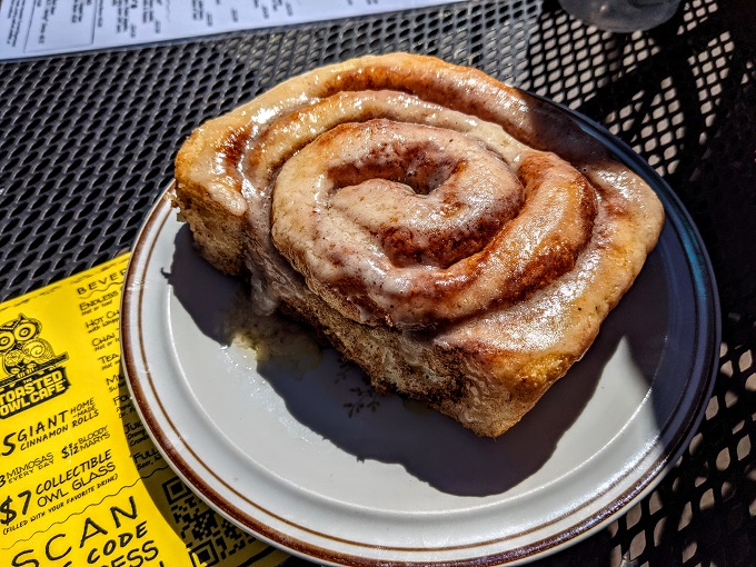 Giant cinnamon roll at The Toasted Owl Cafe