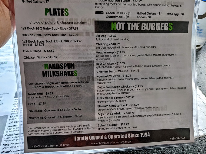 Haunted Hamburger menu - Other entrees, sandwiches & milkshakes