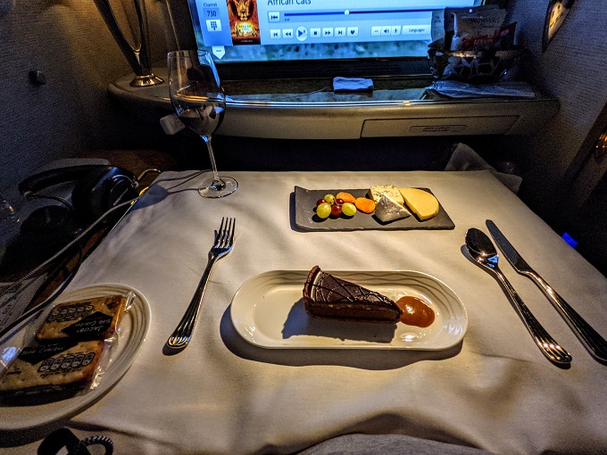 Emirates First Class - Chocolate & hazelnut tart and cheese board