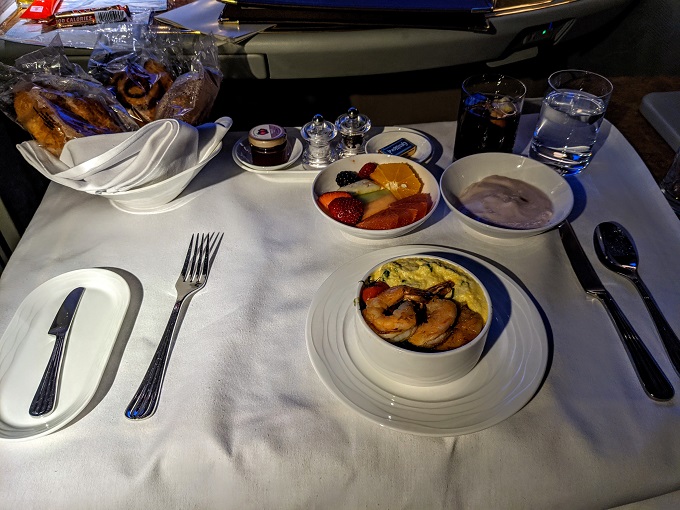 Emirates First Class - Oven roasted prawns with yogurt, fruit & pastries