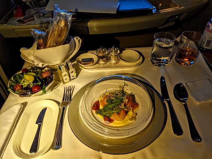 Emirates First Class - Smoked salmon carpaccio, salad & bread basket