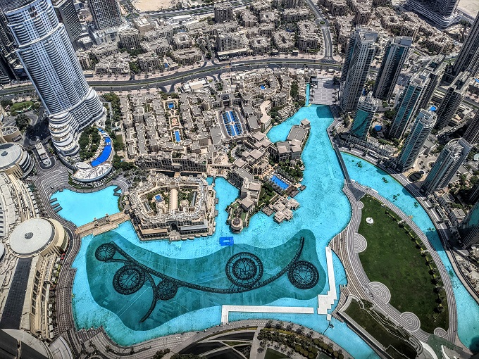 Looking down at the Dubai Fountains from Burj Khalifa