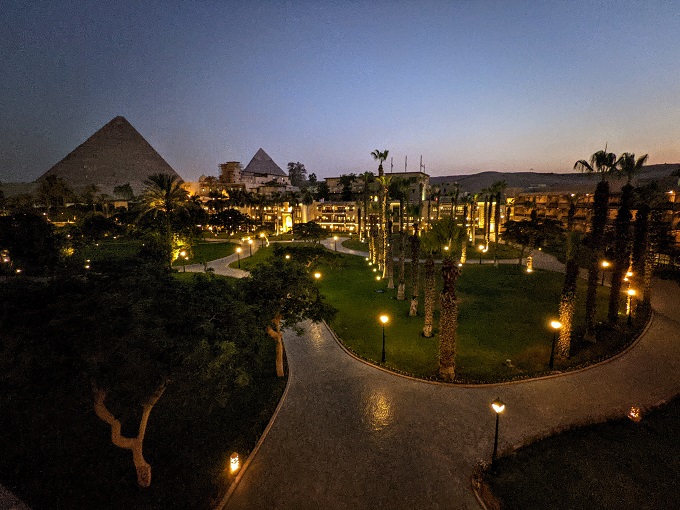 View of the Pyramids from our balcony at night