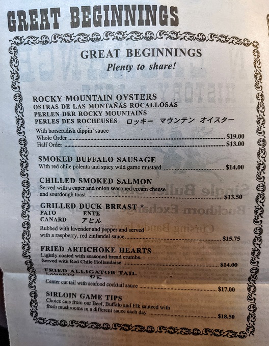 Buckhorn Exchange menu - Rocky Mountain Oysters