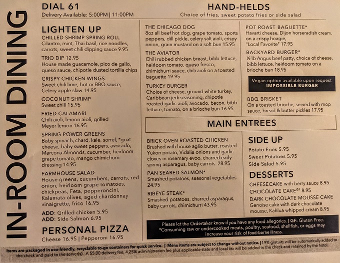 Hilton Chicago O'Hare Airport - Room service menu 1