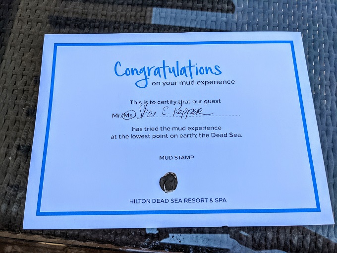 Hilton Dead Sea Resort & Spa, Jordan - Shae's mud experience certificate