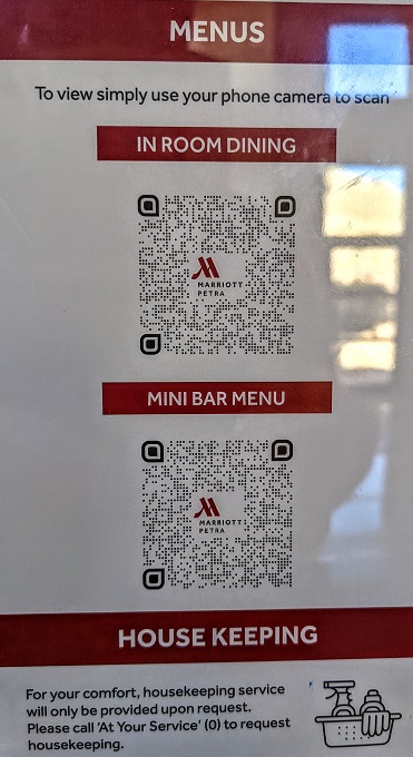 Petra Marriott, Jordan - Room service menu