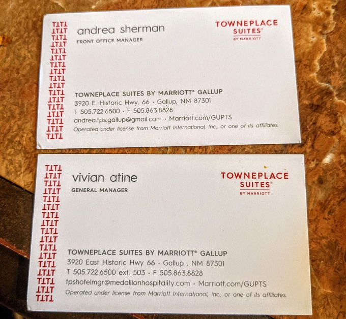 Business cards of the Manager & General Manager of TownePlace Suites Gallup, NM
