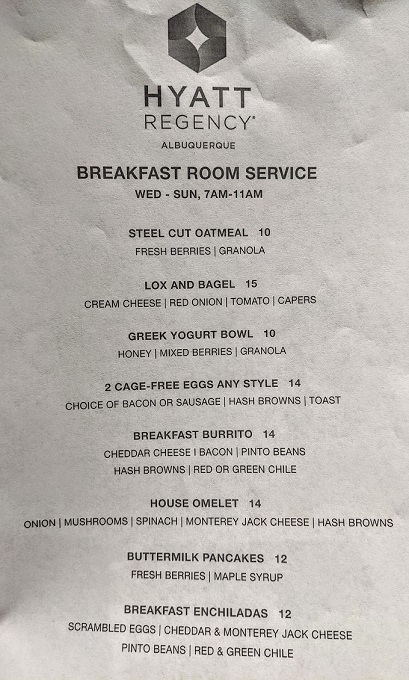 Hyatt Regency Albuquerque, NM - Breakfast menu