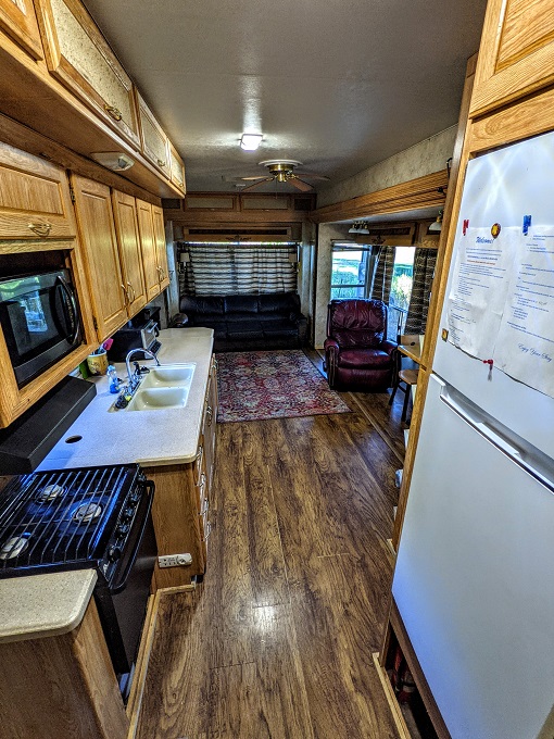 Kitchen & living room of the RV Airbnb