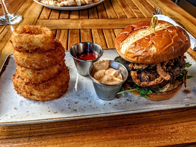 Burger & onion rings at Pelican Brewing Co
