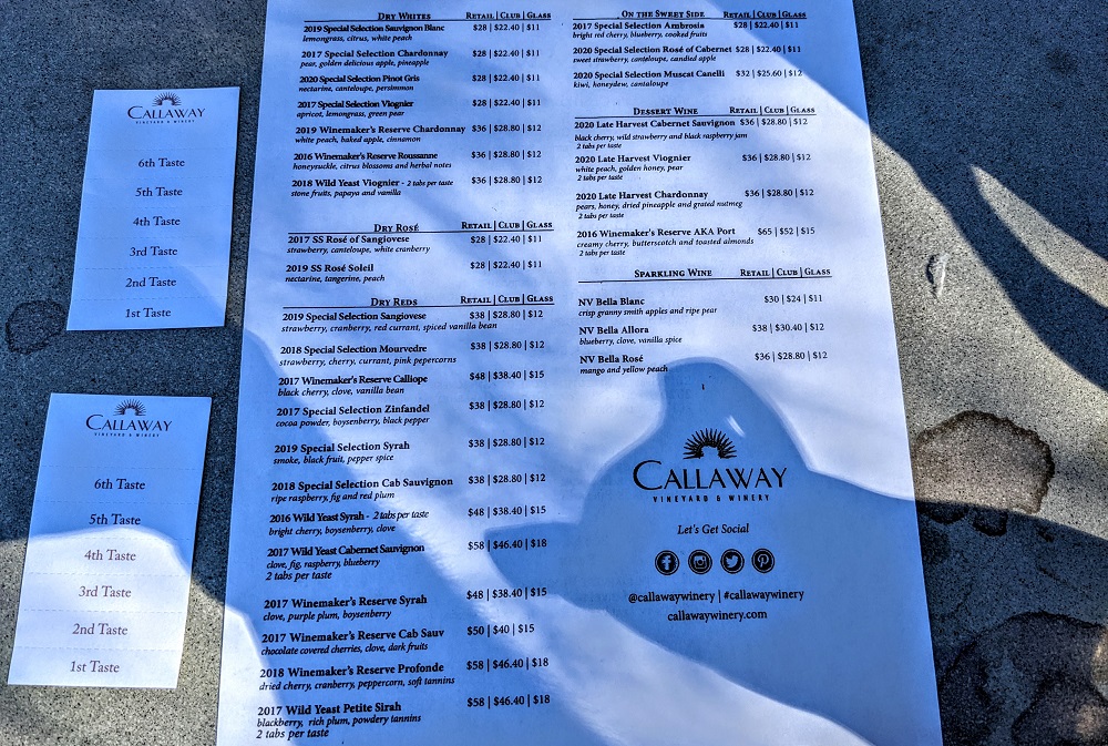 Callaway Vineyard & Winery wine menu & tasting cards