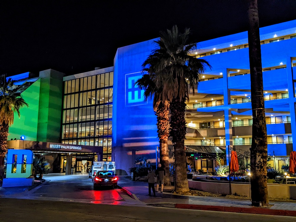 Hyatt Palm Springs lit up for Modernism Week