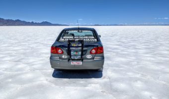 Our car on the Bonneville Salt Flats in Utah