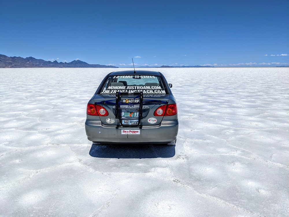 Our car on the Bonneville Salt Flats in Utah